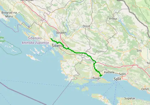 Route map Split Airport - Marina Zaton, 61 km, approx. 64 min