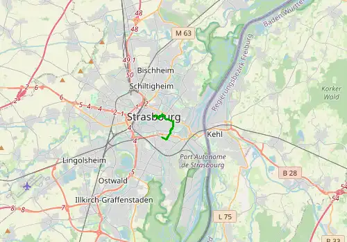 Route map Strasbourg Airport - Strasbourg, 4 km, approx. 10 min