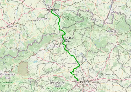 Route map Prague Airport - Dresden, 152 km, approx. 110 min