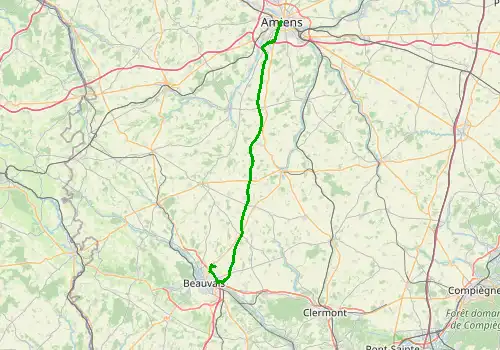 Route map Paris Beauvais Airport - Amiens, 64 km, approx. 50 min