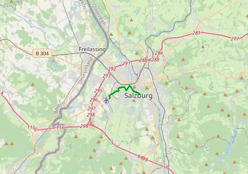 Route map Salzburg Airport - Salzburg, 5 km, approx. 13 min