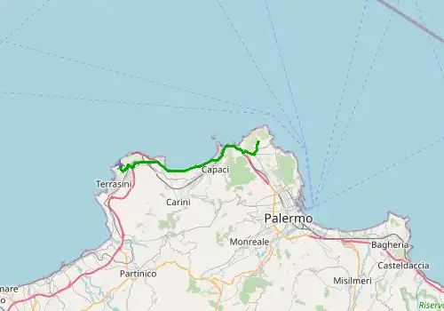 Route map Palermo Airport - Mondello, Sicily Island, 25 km, approx. 32 min