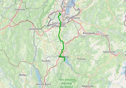 Route map Geneva Airport - Sevrier, 53 km, approx. 49 min