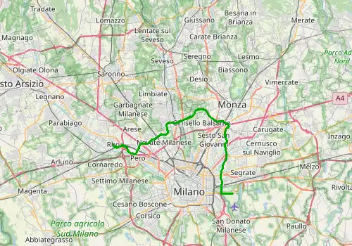 Route map Milan Linate Airport - Rho, 38 km, approx. 43 min