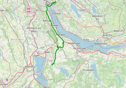 Route map Zurich Airport - Zug, 41 km, approx. 49 min