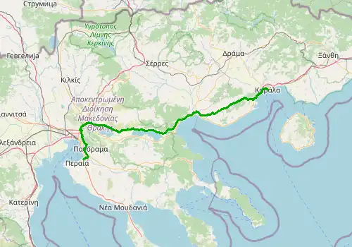 Route map Thessaloniki Airport - Kavala, 171 km, approx. 134 min
