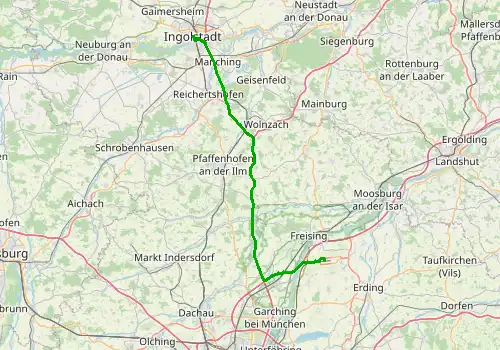 Route map Munich Airport - Ingolstadt, 71 km, approx. 46 min