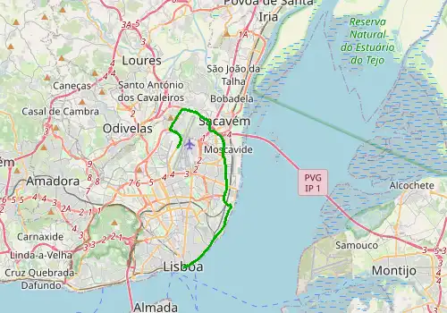 Route map Lisbon Airport - Lisbon, 17 km, approx. 25 min