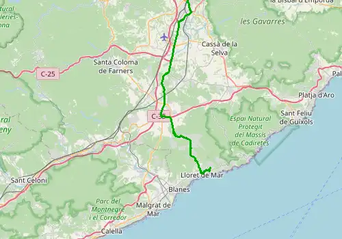Route map Girona Airport - Lloret de Mar, 40 km, approx. 45 min