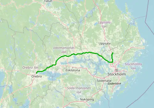 Route map Stockholm Arlanda Airport - Orebro, 202 km, approx. 136 min