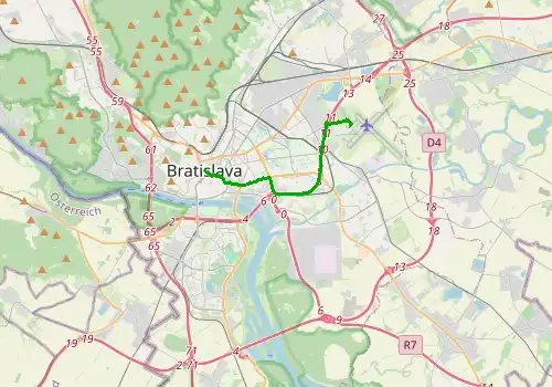 Route map Bratislava Airport - Bratislava, 11 km, approx. 17 min