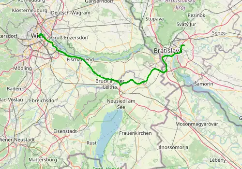 Route map Bratislava Airport - Vienna, 87 km, approx. 63 min