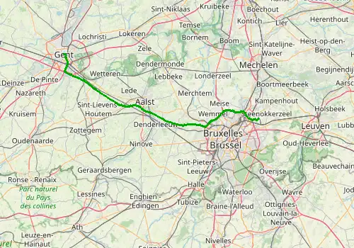 Route map Brussels Airport - Ghent (Gent), 66 km, approx. 47 min