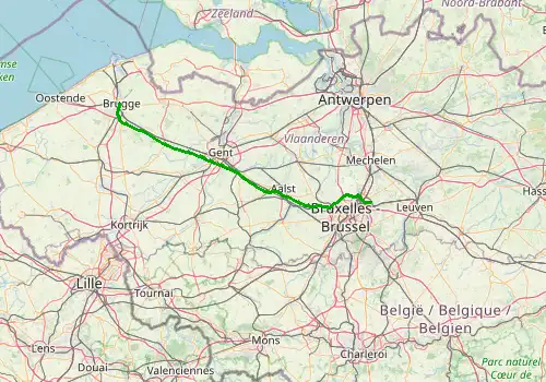 Route map Brussels Airport - Brugge, 106 km, approx. 69 min