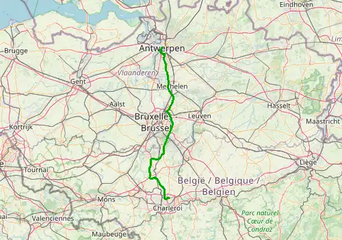 Route map Brussels South Charleroi Airport - Antwerp (Antwerpen), 107 km, approx. 76 min