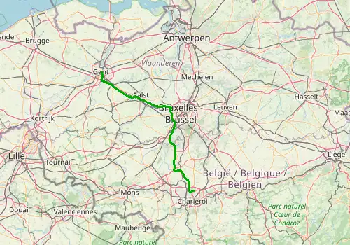 Route map Brussels South Charleroi Airport - Ghent (Gent), 106 km, approx. 73 min