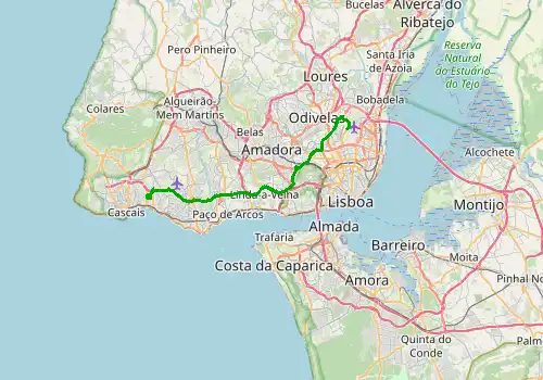 Route map Lisbon Airport - Estoril, 32 km, approx. 34 min