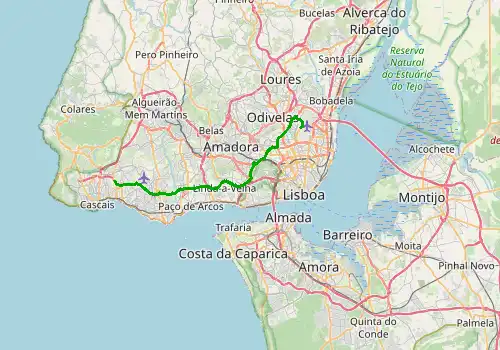 Route map Lisbon Airport - Cascais, 31 km, approx. 28 min