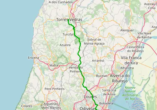 Route map Lisbon Airport - Torres Vedras, 45 km, approx. 40 min