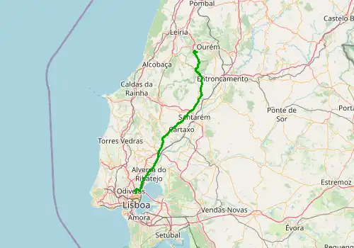 Route map Lisbon Airport - Fatima, 123 km, approx. 78 min