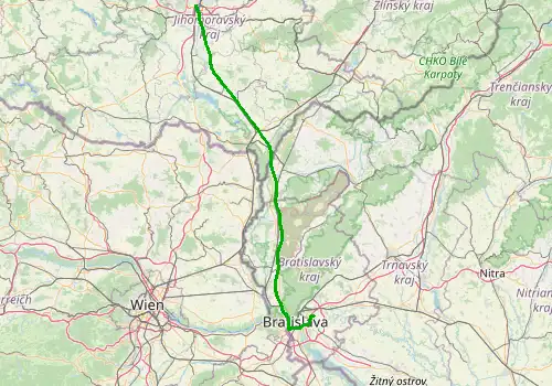 Route map Bratislava Airport - Brno, 142 km, approx. 91 min