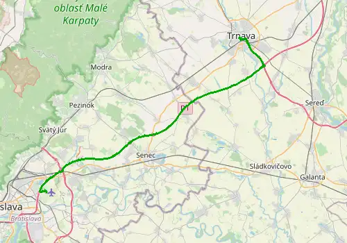 Route map Bratislava Airport - Trnava, 47 km, approx. 37 min