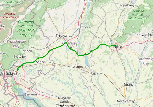 Route map Bratislava Airport - Nitra, 81 km, approx. 54 min