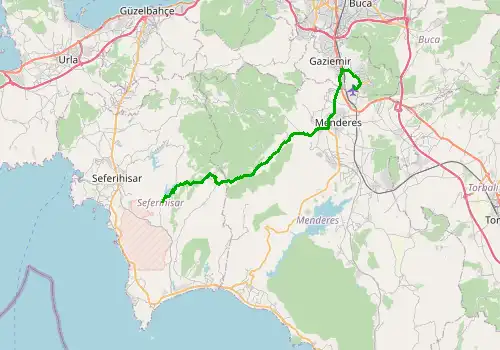 Route map Izmir Airport - Seferihisar, 40 km, approx. 51 min