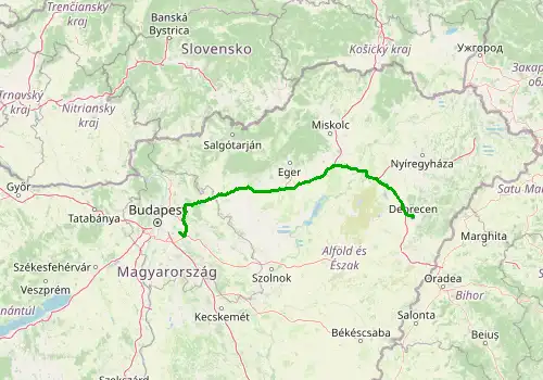 Route map Budapest Airport - Debrecen, 236 km, approx. 145 min