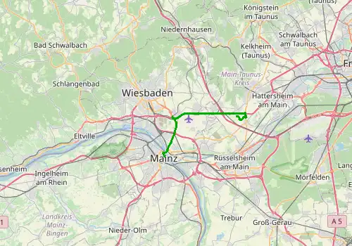 Route map Frankfurt Airport - Mainz, 20 km, approx. 23 min