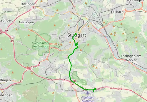 Route map Stuttgart Airport - Stuttgart, 17 km, approx. 25 min