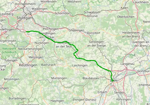 Route map Stuttgart Airport - Ulm, 83 km, approx. 55 min