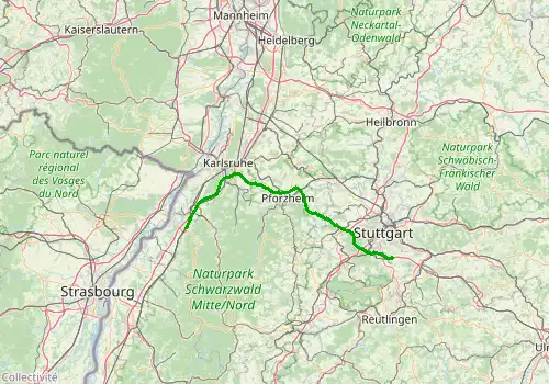 Route map Stuttgart Airport - Baden Baden, 105 km, approx. 67 min