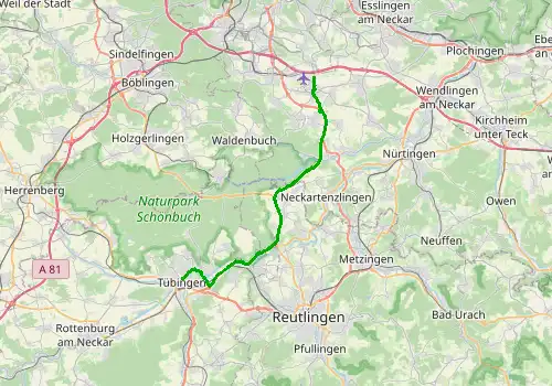 Route map Stuttgart Airport - Tubingen, 30 km, approx. 32 min