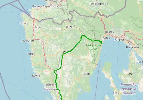 Route map Pula Airport - Lovran, 89 km, approx. 70 min