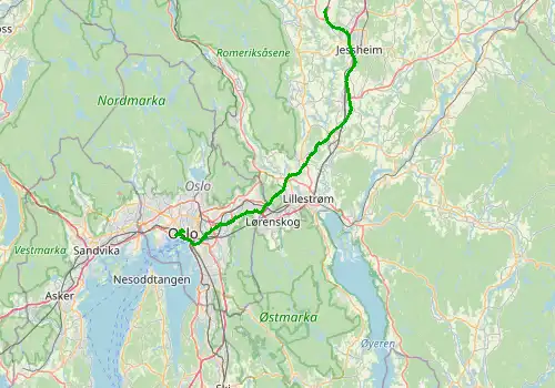 Route map Oslo Gardermoen Airport - Oslo, 52 km, approx. 48 min
