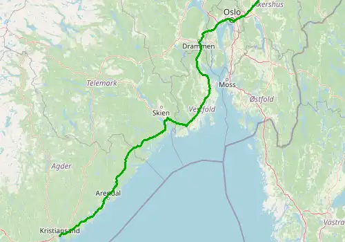 Route map Oslo Gardermoen Airport - Kristiansand, 369 km, approx. 298 min