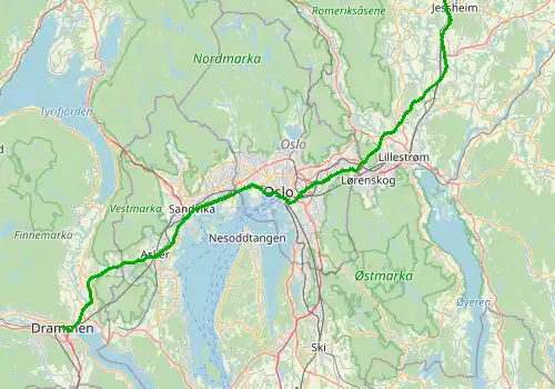 Route map Oslo Gardermoen Airport - Drammen, 90 km, approx. 86 min