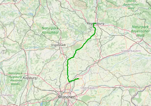 Route map Munich Airport - Regensburg, 116 km, approx. 72 min