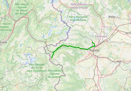 Route map Turin Caselle Airport - Cesana Torinese, 102 km, approx. 82 min