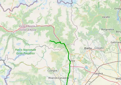 Route map Turin Caselle Airport - Champorcher, 89 km, approx. 76 min