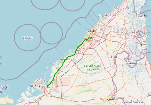 Route map Dubai Airport (DXB) - Abu Dhabi, 136 km, approx. 87 min