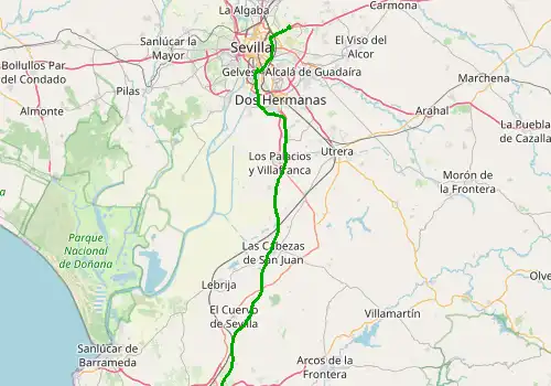 Route map Seville Airport - Jerez de la Frontera, 98 km, approx. 68 min