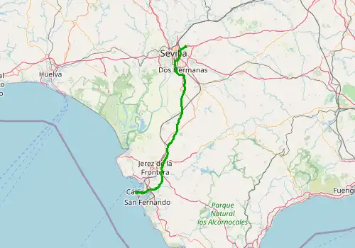 Route map Seville Airport - Cadiz, 129 km, approx. 87 min