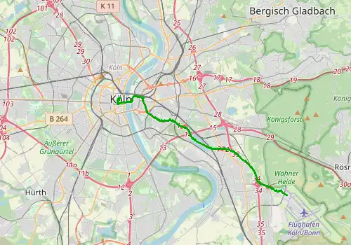 Route map Cologne Bonn Airport - Cologne , 16 km, approx. 22 min