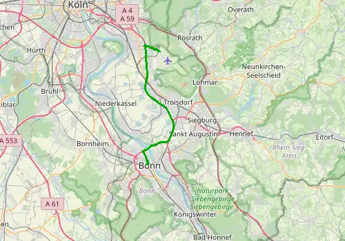 Route map Cologne Bonn Airport - Bonn, 24 km, approx. 24 min