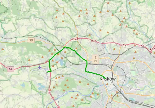 Route map Krakow Airport - Krakow, 15 km, approx. 25 min