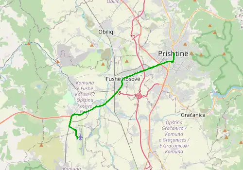 Route map Pristina Airport - Pristina, 19 km, approx. 25 min