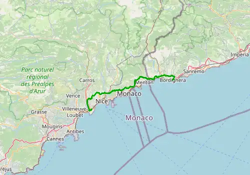 Route map Nice Airport - Bordighera, 56 km, approx. 46 min