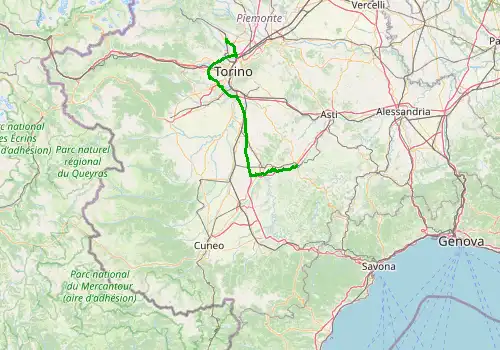 Route map Turin Caselle Airport - Alba, 106 km, approx. 85 min